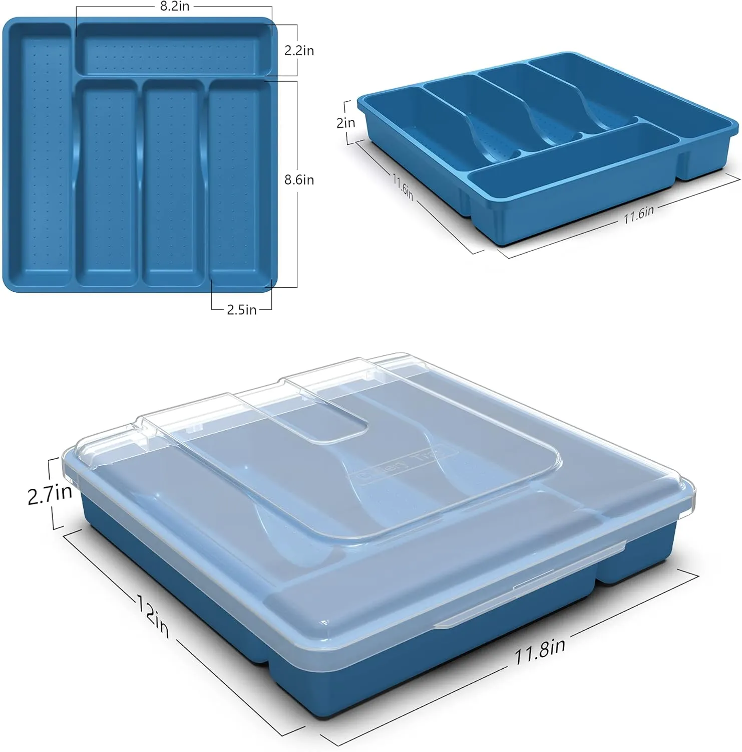 𝐅𝐥𝐚𝐭𝐰𝐚𝐫𝐞 𝐎𝐫𝐠𝐚𝐧𝐳𝐢𝐞𝐫 𝐰𝐢𝐭𝐡 𝐋𝐢𝐝, Plastic Silverware Tray for Drawer, 5 Compartments Utensil Holder for Countertop, Navy Blue