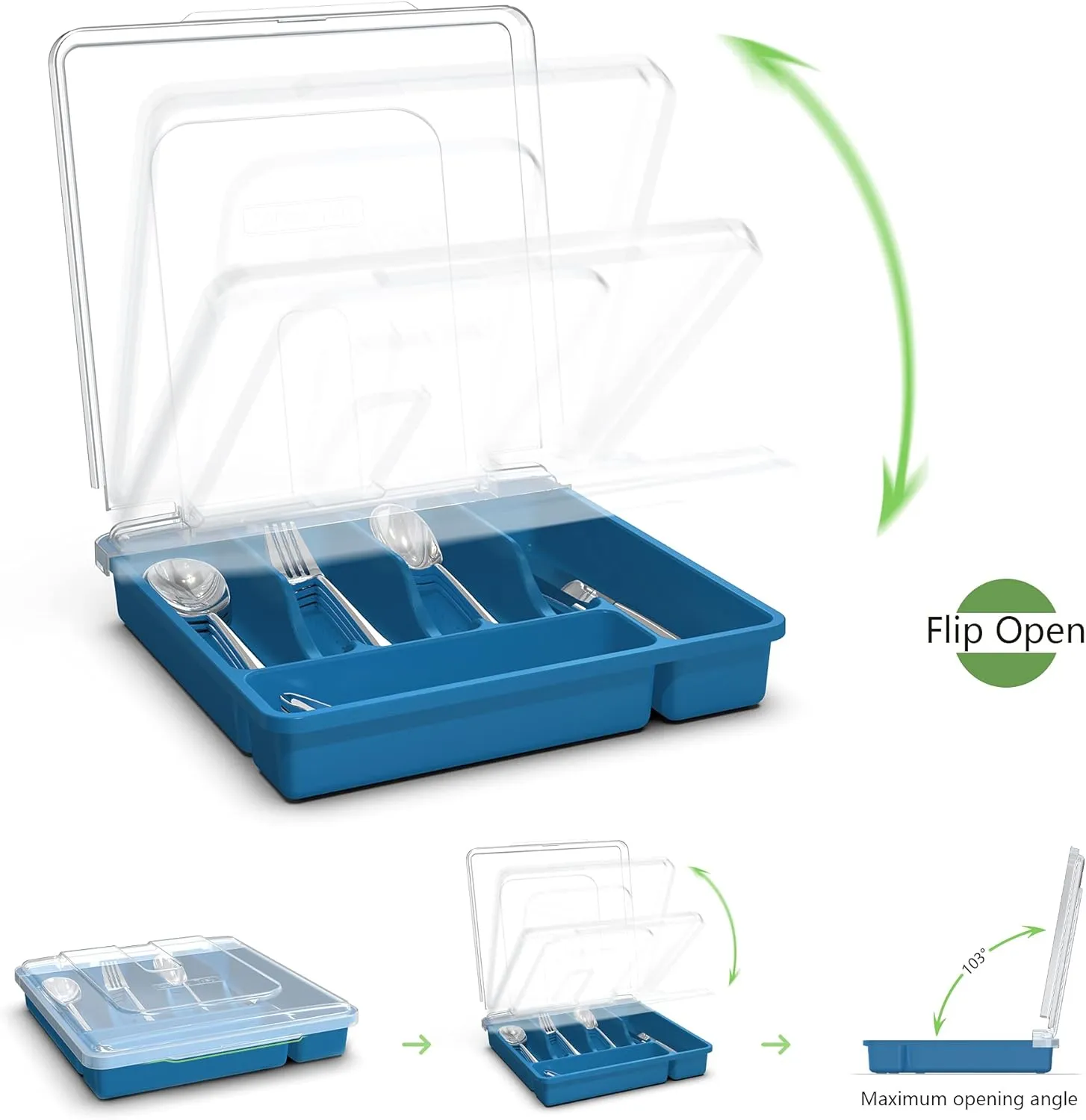 𝐅𝐥𝐚𝐭𝐰𝐚𝐫𝐞 𝐎𝐫𝐠𝐚𝐧𝐳𝐢𝐞𝐫 𝐰𝐢𝐭𝐡 𝐋𝐢𝐝, Plastic Silverware Tray for Drawer, 5 Compartments Utensil Holder for Countertop, Navy Blue