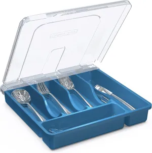 𝐅𝐥𝐚𝐭𝐰𝐚𝐫𝐞 𝐎𝐫𝐠𝐚𝐧𝐳𝐢𝐞𝐫 𝐰𝐢𝐭𝐡 𝐋𝐢𝐝, Plastic Silverware Tray for Drawer, 5 Compartments Utensil Holder for Countertop, Navy Blue