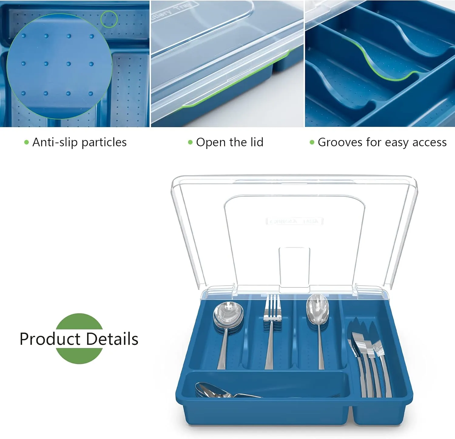𝐅𝐥𝐚𝐭𝐰𝐚𝐫𝐞 𝐎𝐫𝐠𝐚𝐧𝐳𝐢𝐞𝐫 𝐰𝐢𝐭𝐡 𝐋𝐢𝐝, Plastic Silverware Tray for Drawer, 5 Compartments Utensil Holder for Countertop, Navy Blue