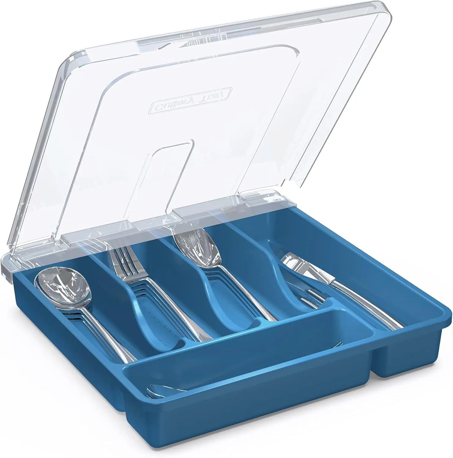 𝐅𝐥𝐚𝐭𝐰𝐚𝐫𝐞 𝐎𝐫𝐠𝐚𝐧𝐳𝐢𝐞𝐫 𝐰𝐢𝐭𝐡 𝐋𝐢𝐝, Plastic Silverware Tray for Drawer, 5 Compartments Utensil Holder for Countertop, Navy Blue