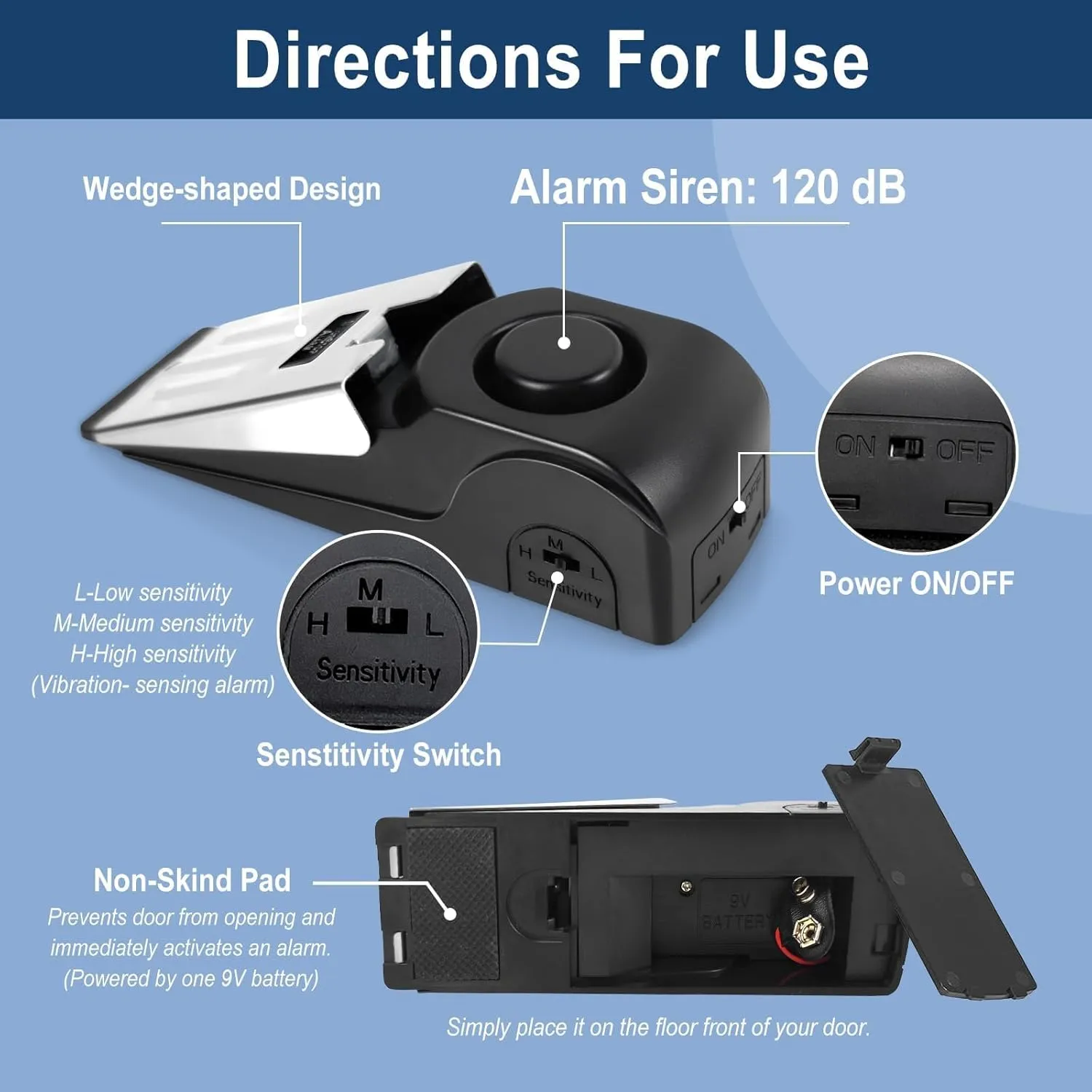 1 Pack Door Stop Alarm with Adjustable Portable Door Lock 120 dB Travel Door Stopper Door Wedge Alarm with 3 Levels Sensitivity for Hotel, Home, Apartment