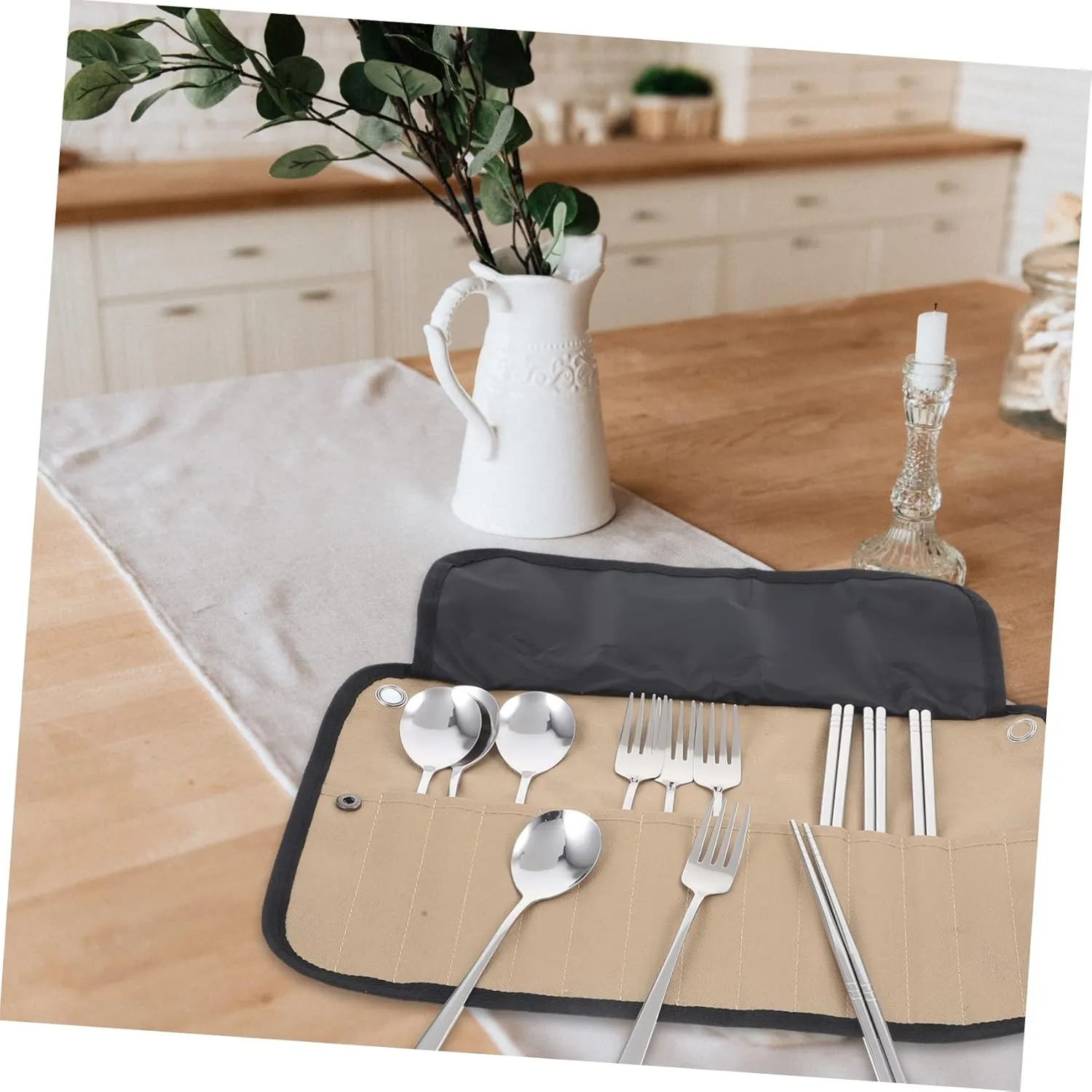 1 Set Camping Cutlery Utensils Set Travel Picnic Outdoor Tableware Kit Roll Pouch
