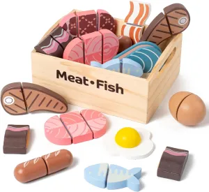 10 PCS Wooden Food Play Set, Wooden Pretend Play Food, Cutable Play Food, Realistic Protein Meat Play Food Play Set Kitchen Accessories for Age 3-6 Boys & Girls