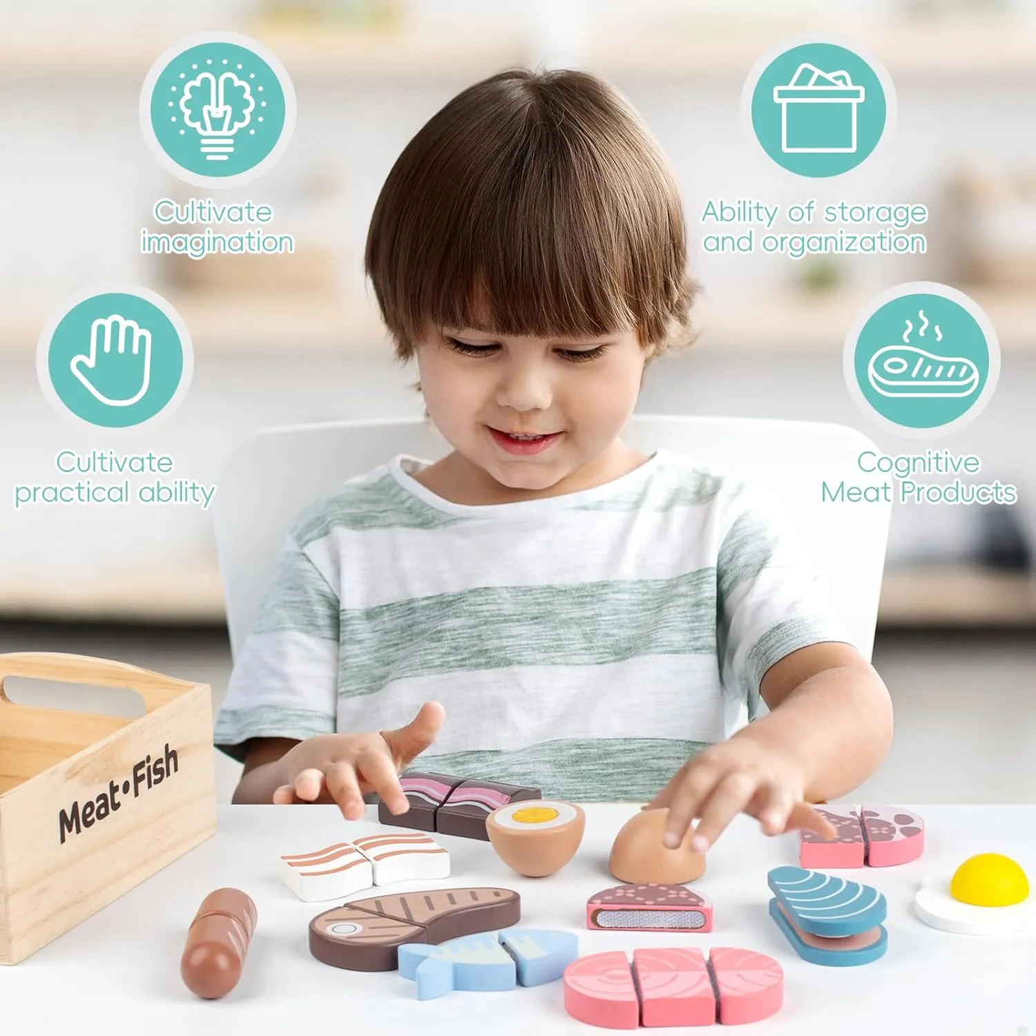 10 PCS Wooden Food Play Set, Wooden Pretend Play Food, Cutable Play Food, Realistic Protein Meat Play Food Play Set Kitchen Accessories for Age 3-6 Boys & Girls