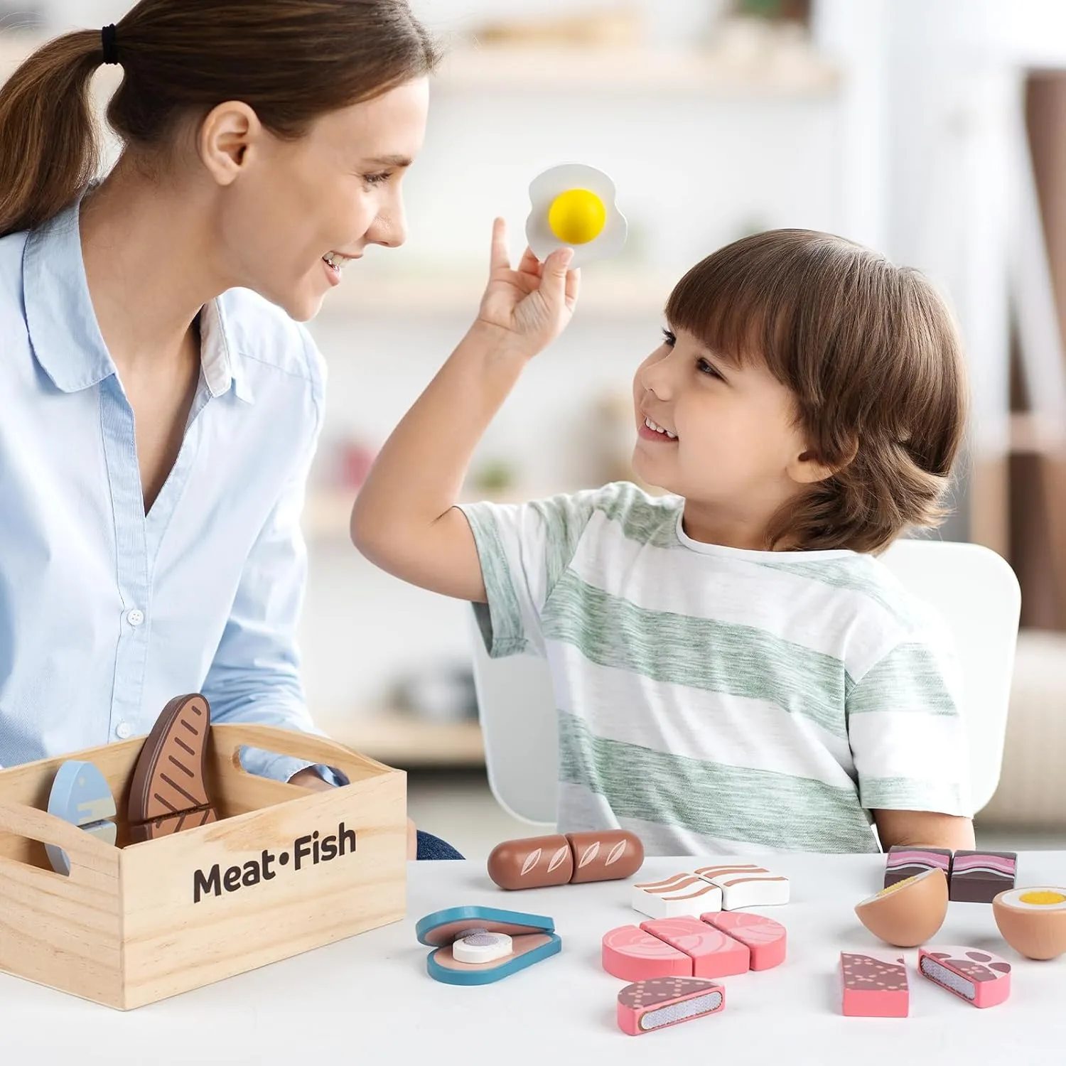 10 PCS Wooden Food Play Set, Wooden Pretend Play Food, Cutable Play Food, Realistic Protein Meat Play Food Play Set Kitchen Accessories for Age 3-6 Boys & Girls