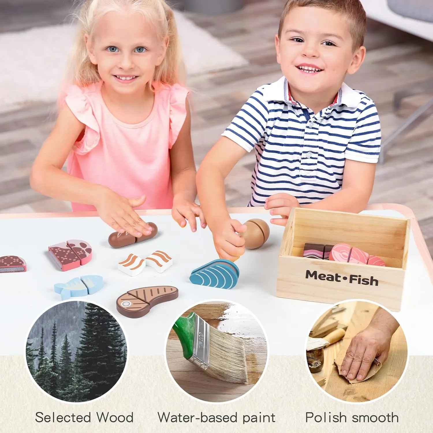 10 PCS Wooden Food Play Set, Wooden Pretend Play Food, Cutable Play Food, Realistic Protein Meat Play Food Play Set Kitchen Accessories for Age 3-6 Boys & Girls