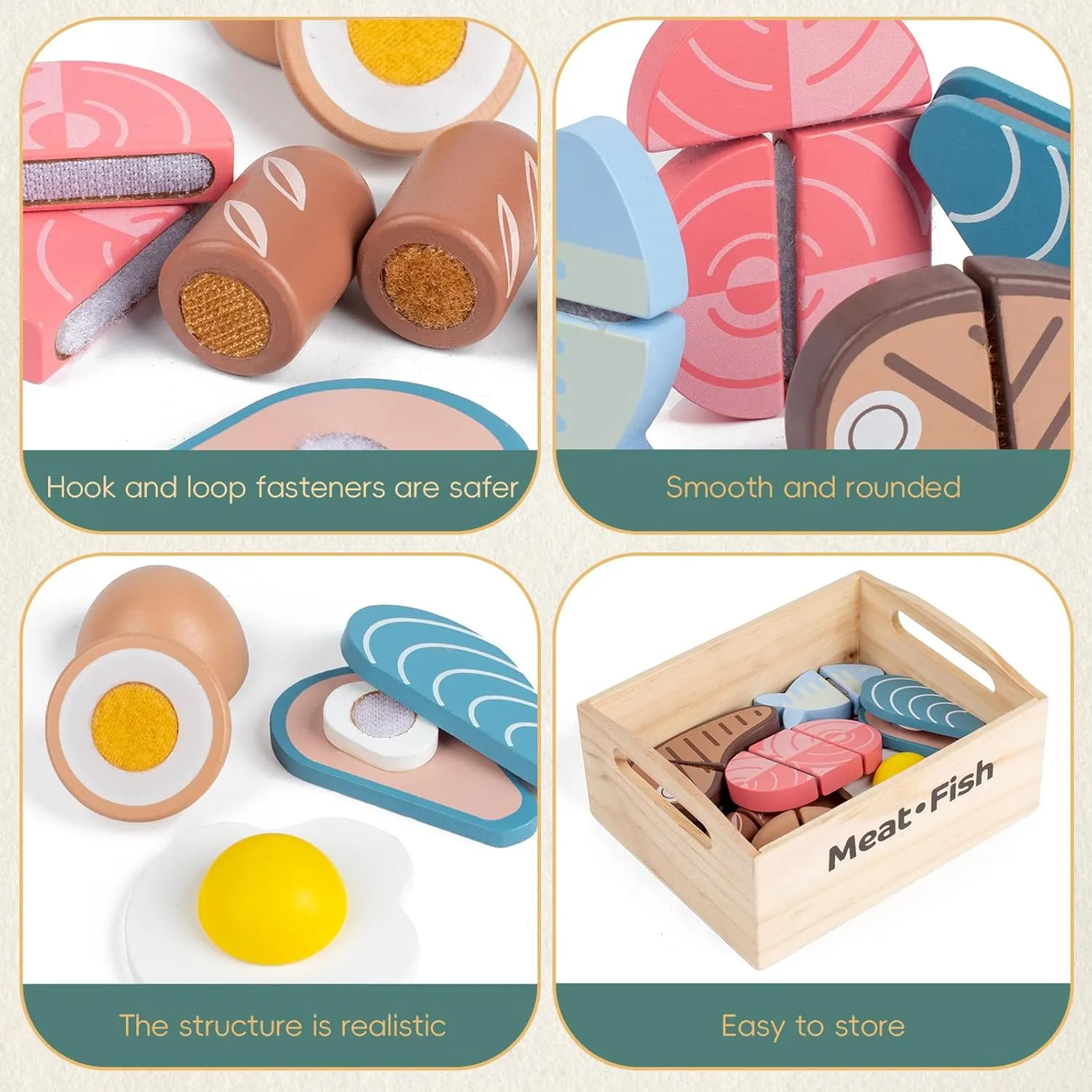 10 PCS Wooden Food Play Set, Wooden Pretend Play Food, Cutable Play Food, Realistic Protein Meat Play Food Play Set Kitchen Accessories for Age 3-6 Boys & Girls