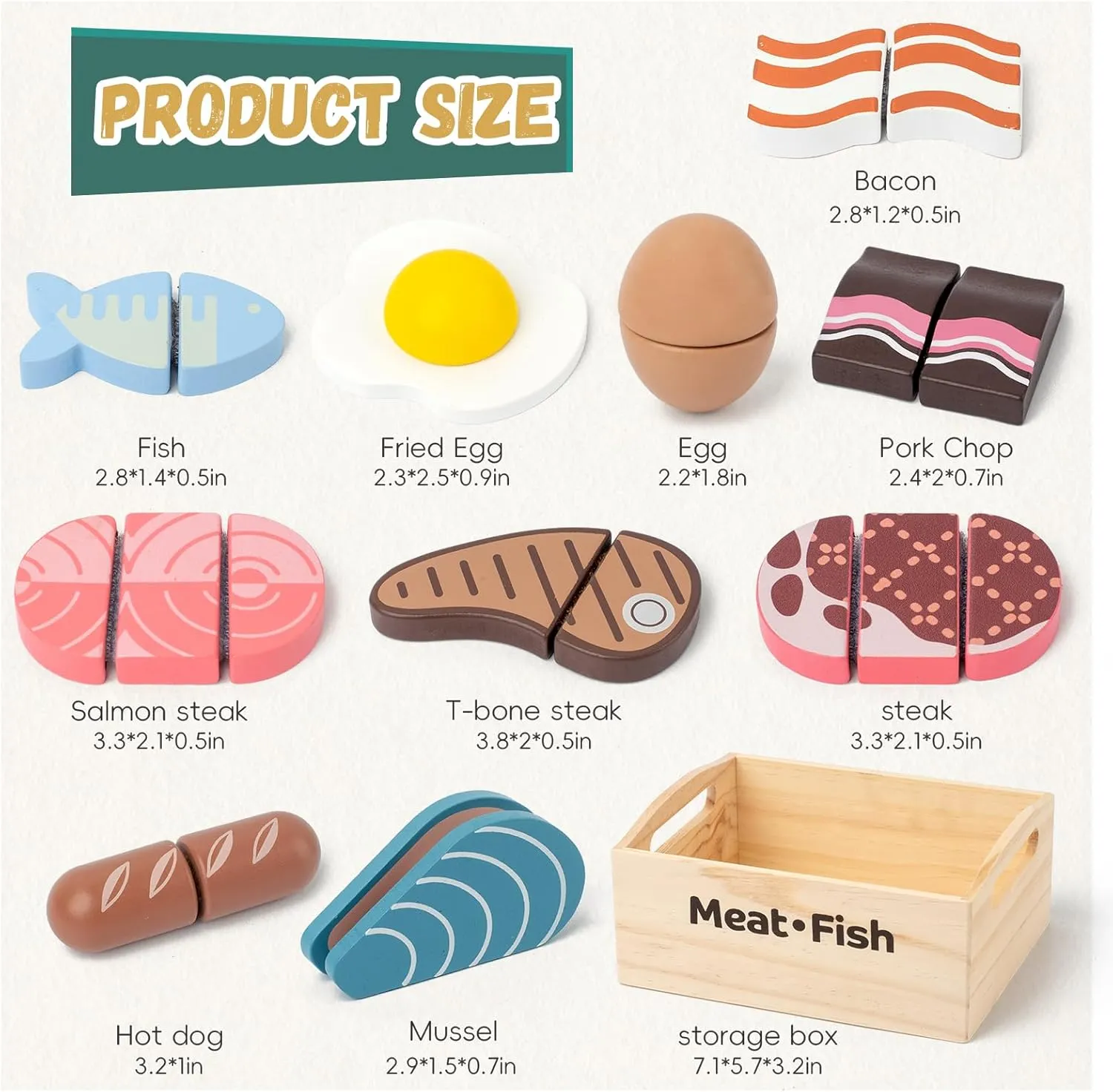 10 PCS Wooden Food Play Set, Wooden Pretend Play Food, Cutable Play Food, Realistic Protein Meat Play Food Play Set Kitchen Accessories for Age 3-6 Boys & Girls