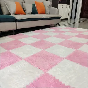 10 Pieces Interlocking Carpet Tiles, Plush Foam Square Floor Mats Set, 12x12inch Interlocking Fluffy Plush Puzzle Playmat with Border, 10 Tiles/10 Sq.Ft(Color:Pink White)