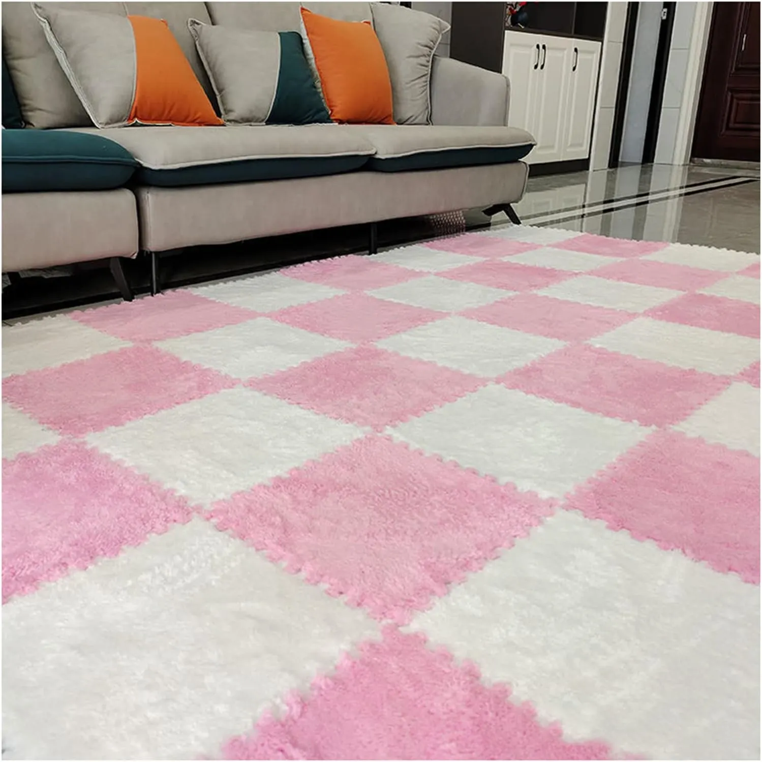 10 Pieces Interlocking Carpet Tiles, Plush Foam Square Floor Mats Set, 12x12inch Interlocking Fluffy Plush Puzzle Playmat with Border, 10 Tiles/10 Sq.Ft(Color:Pink White)