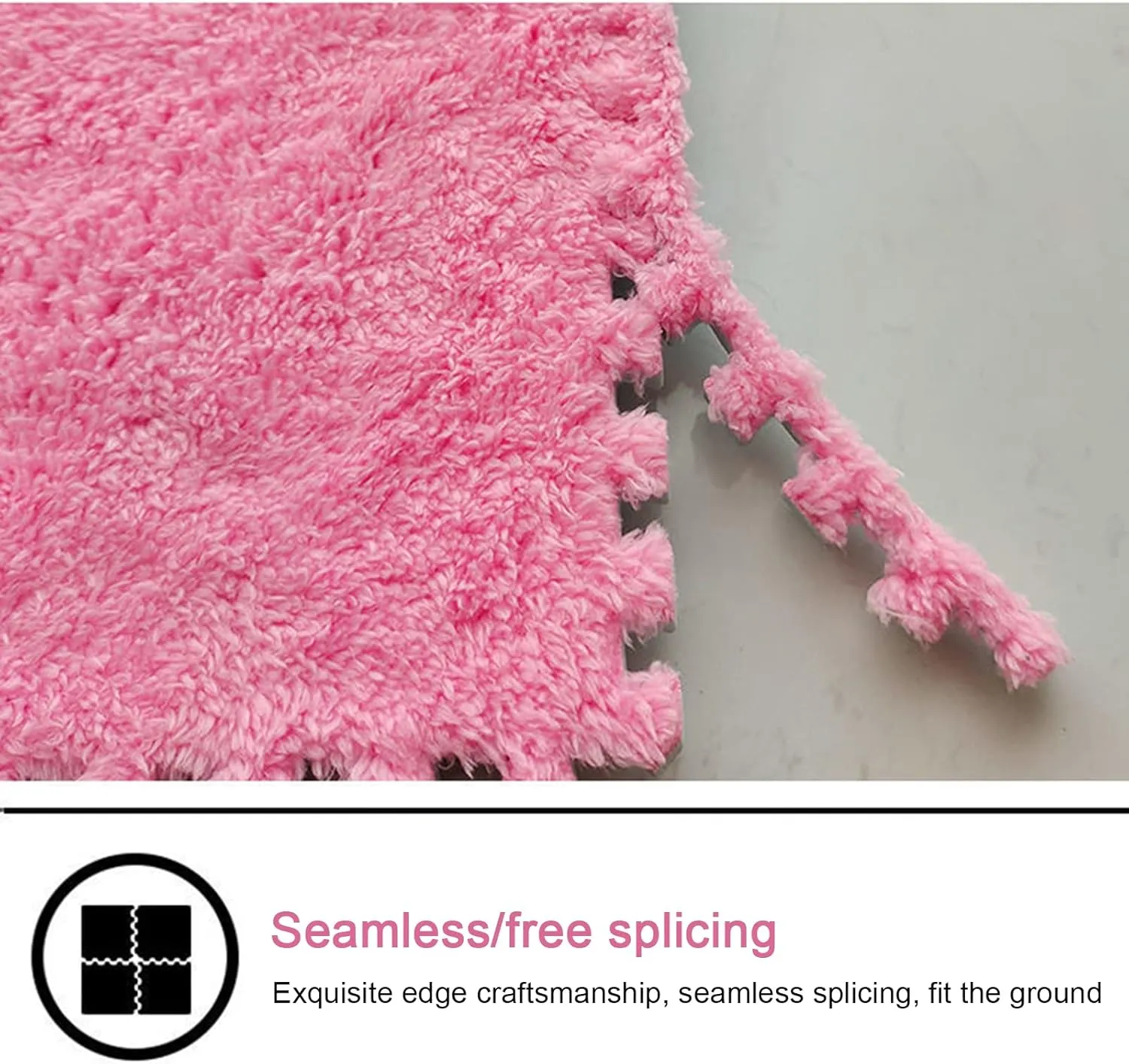 10 Pieces Interlocking Carpet Tiles, Plush Foam Square Floor Mats Set, 12x12inch Interlocking Fluffy Plush Puzzle Playmat with Border, 10 Tiles/10 Sq.Ft(Color:Pink White)