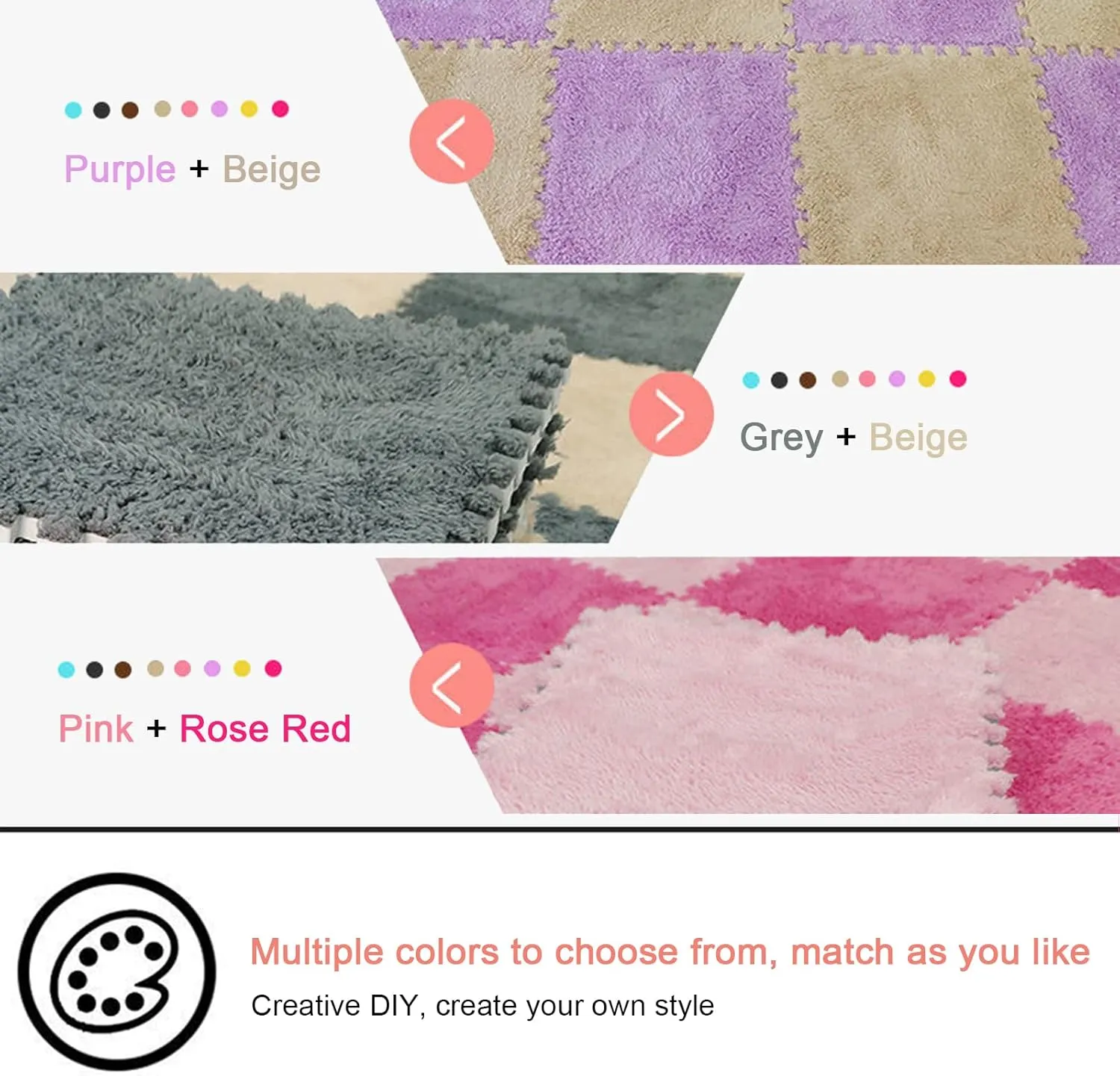 10 Pieces Interlocking Carpet Tiles, Plush Foam Square Floor Mats Set, 12x12inch Interlocking Fluffy Plush Puzzle Playmat with Border, 10 Tiles/10 Sq.Ft(Color:Pink White)