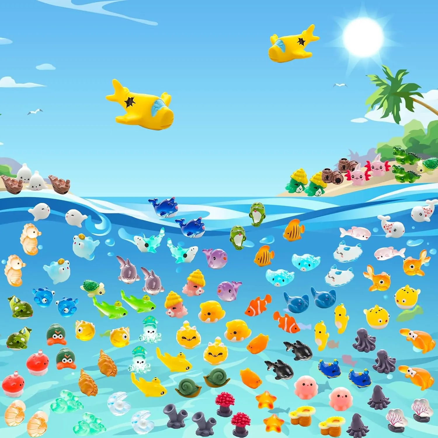 108Pcs Mini Ocean Resin Animals Tiny Sea Animals Figurines Marine Miniature Plastic Animal Aquarium Ornaments Decorations for DIY Fish Tank Potted Micro Fairy Garden Dollhouse
