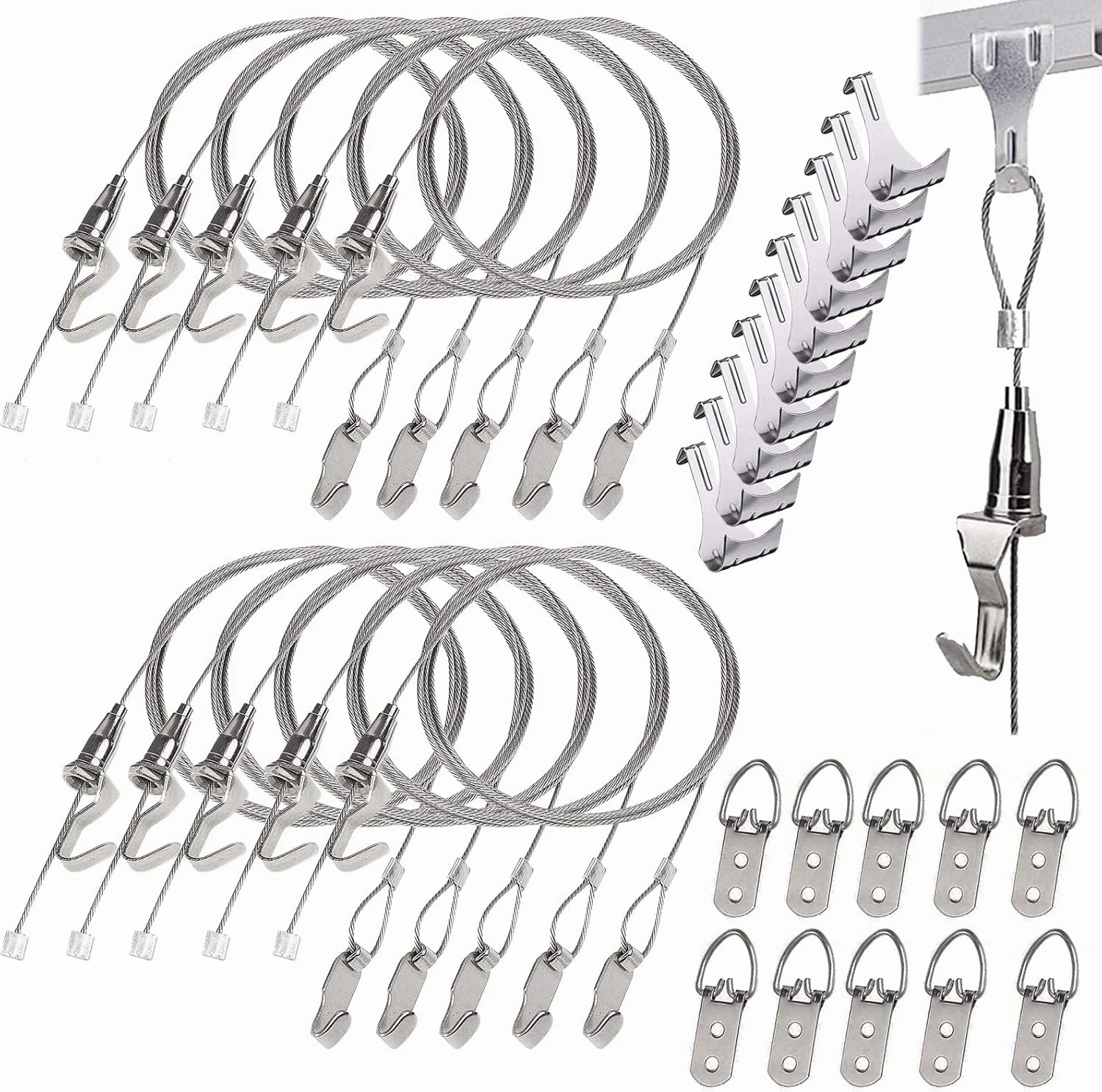 10 Pack - Picture Rail Hanging System, Silver Molding Hooks and Cables