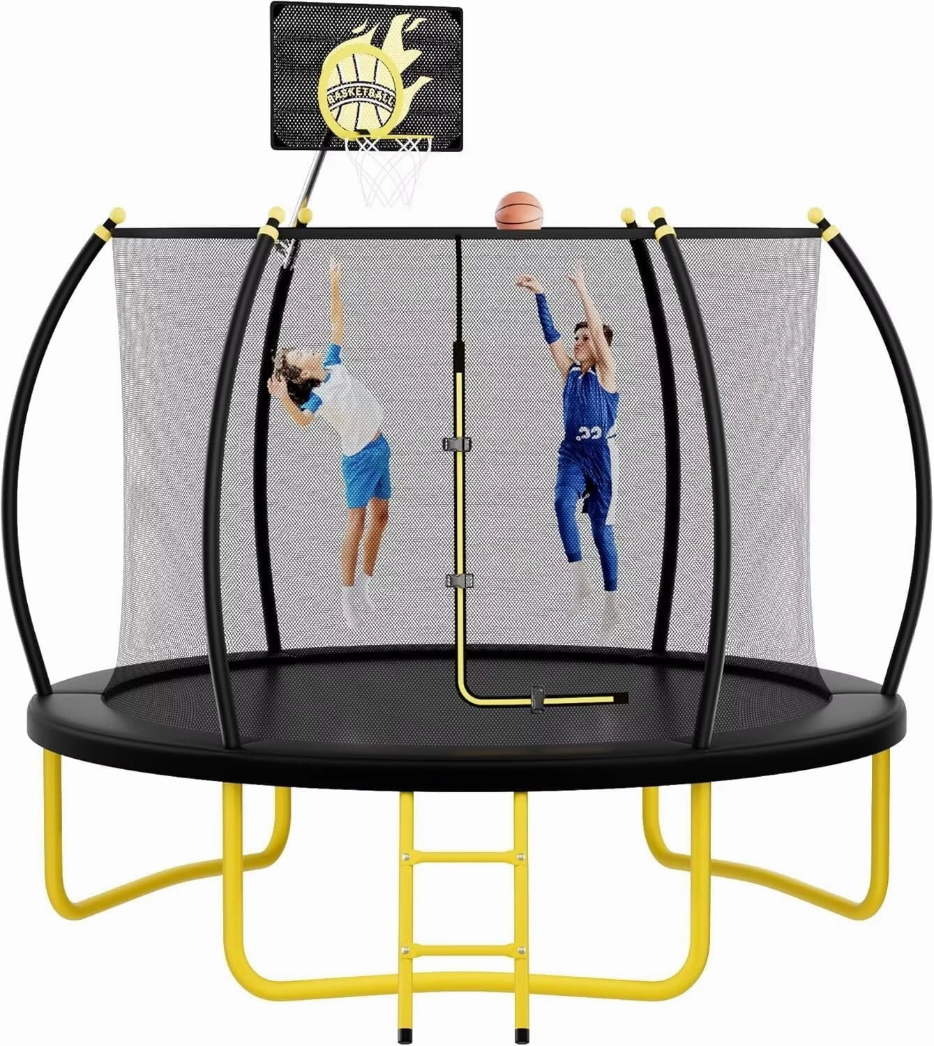 10FT Pumpkin Trampoline with Basketball Hoop, Enclosure Net and Ladder, Recreational Trampoline for Kids, Adults, Outdoor and Backyard, Capacity 660 lbs, Black   Yellow