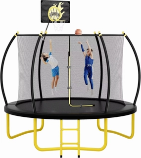 10FT Pumpkin Trampoline with Basketball Hoop, Enclosure Net and Ladder, Recreational Trampoline for Kids, Adults, Outdoor and Backyard, Capacity 660 lbs, Black   Yellow