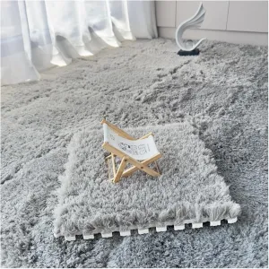 10PCS Square Interlocking Foam Tiles, Soft Carpet Tiles, Fluffy Area Rugs Set, Plush Puzzle Play Mat for Bedroom, 12X12inch,Light Gray