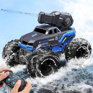 1:16 4WD Remote Control Monster Truck All Terrain Amphibious RC Car Boat with Water Spray Gun Two Batteries Waterproof and Durable Electric RC Truck for Boys and Girls for Kids Ages 6 
