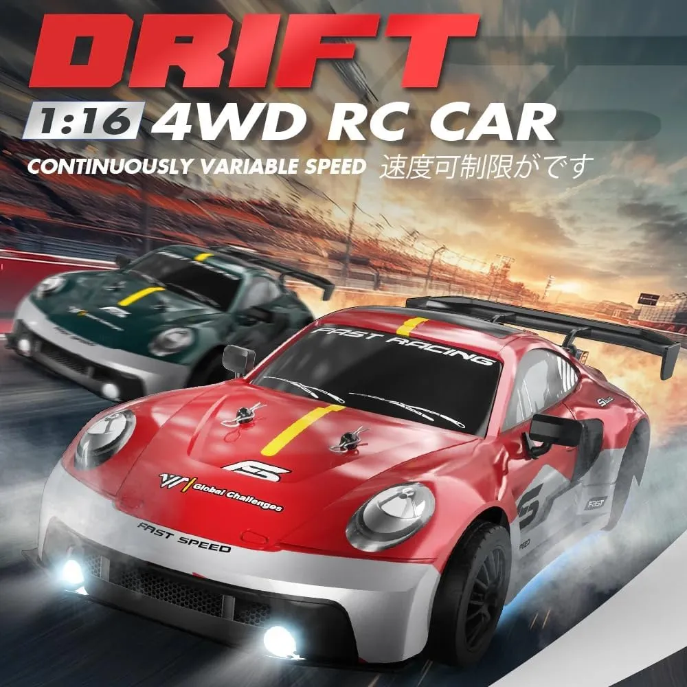 1:16 Scale RC Drift Car for Adults, 30KM/H 4WD High Speed Mini Racing Sport Cars 2.4GHz Electric Remote Control Car with LED Lights, Racing & Drift Wheels (Black/8100)