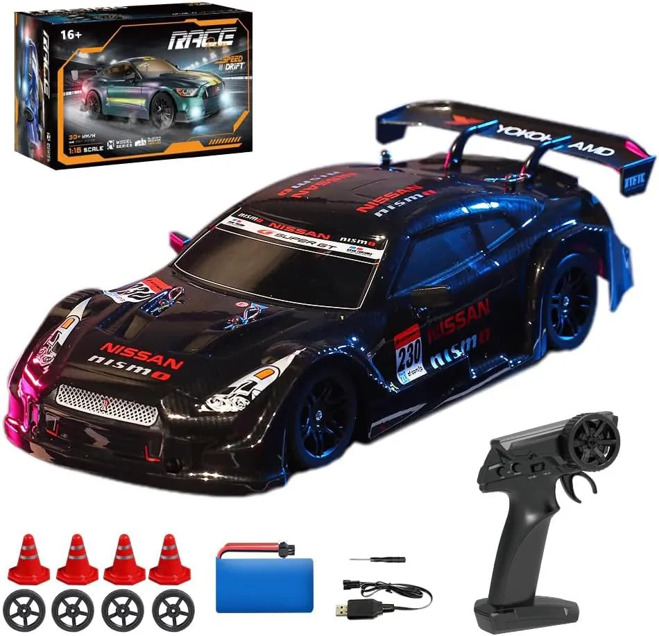 1:16 Scale RC Drift Car for Adults, 30KM/H 4WD High Speed Mini Racing Sport Cars 2.4GHz Electric Remote Control Car with LED Lights, Racing & Drift Wheels (Black/8100)