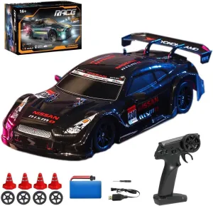 1:16 Scale RC Drift Car for Adults, 30KM/H 4WD High Speed Mini Racing Sport Cars 2.4GHz Electric Remote Control Car with LED Lights, Racing & Drift Wheels (Black/8100)