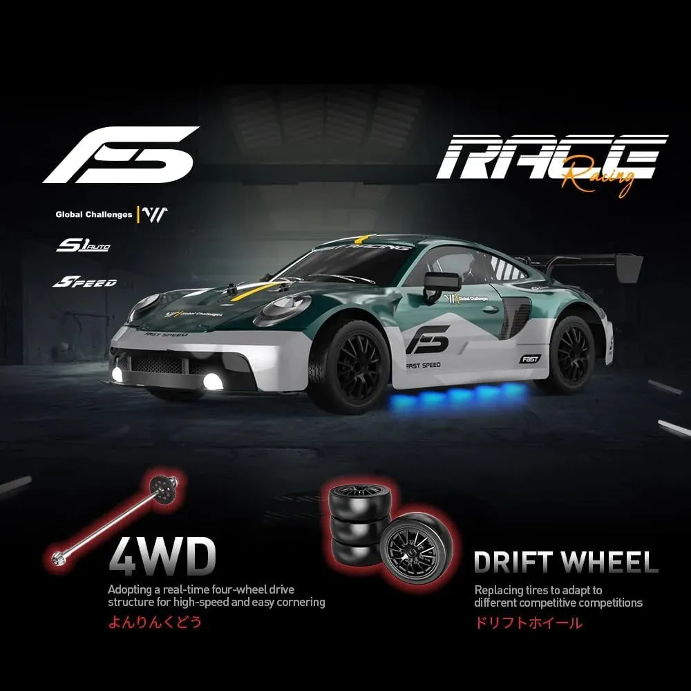 1:16 Scale RC Drift Car for Adults, 30KM/H 4WD High Speed Mini Racing Sport Cars 2.4GHz Electric Remote Control Car with LED Lights, Racing & Drift Wheels (Black/8100)