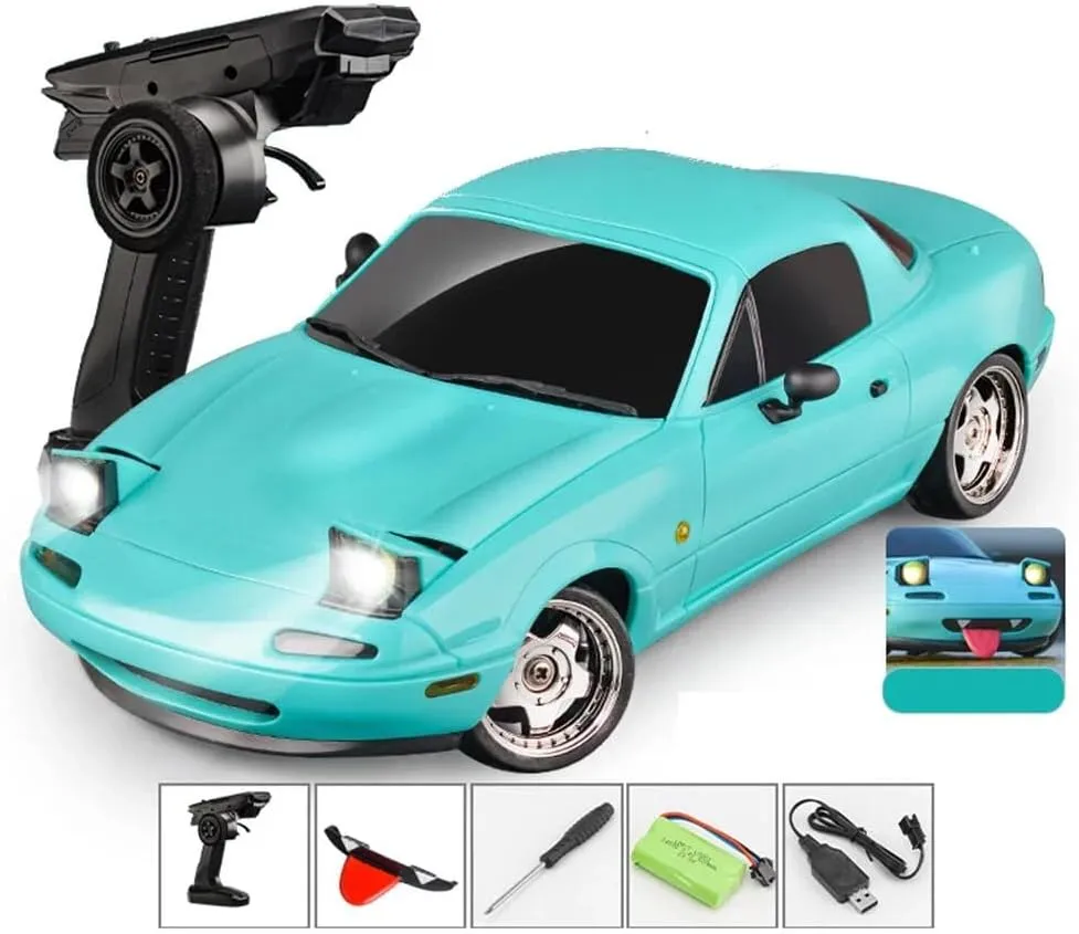 1/18 RC Drift Car, 3CH High Speed Remote Control Racing Vehicle with Built-in Gyroscope, Rechargeable RC Car for Adults (Blue/2 Battery)
