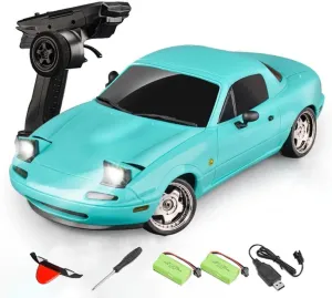 1/18 RC Drift Car, 3CH High Speed Remote Control Racing Vehicle with Built-in Gyroscope, Rechargeable RC Car for Adults (Blue/2 Battery)