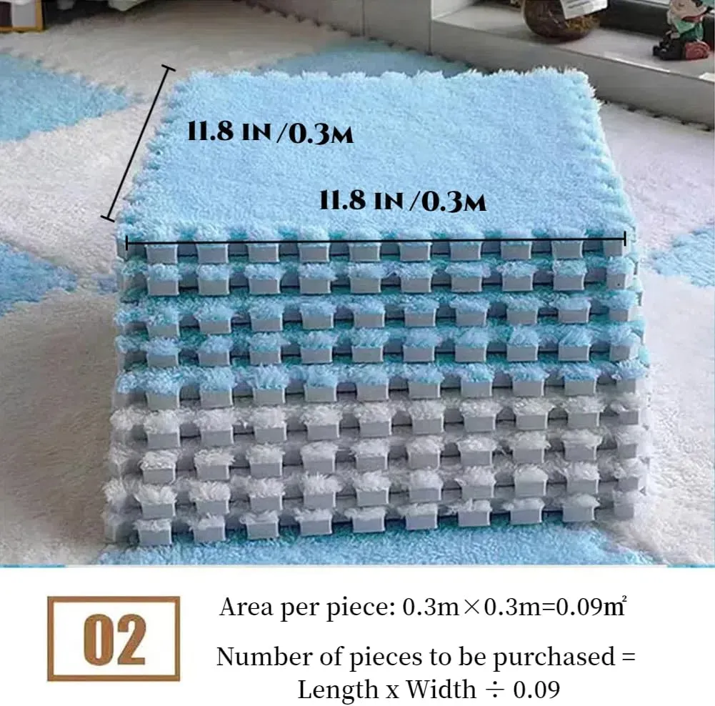12 Pcs Plush Foam Interlocking Carpet Tiles,Soft Shaggy Fluffy Floor Area Rugs with Padding,Colorful Floor Protective Mats for Home Kids Room Playroom (Grey and Black, 11.8 x 11.8 x 0.39)