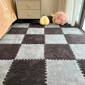 12 Pcs Plush Foam Interlocking Carpet Tiles,Soft Shaggy Fluffy Floor Area Rugs with Padding,Colorful Floor Protective Mats for Home Kids Room Playroom (Grey and Black, 11.8 x 11.8 x 0.39)