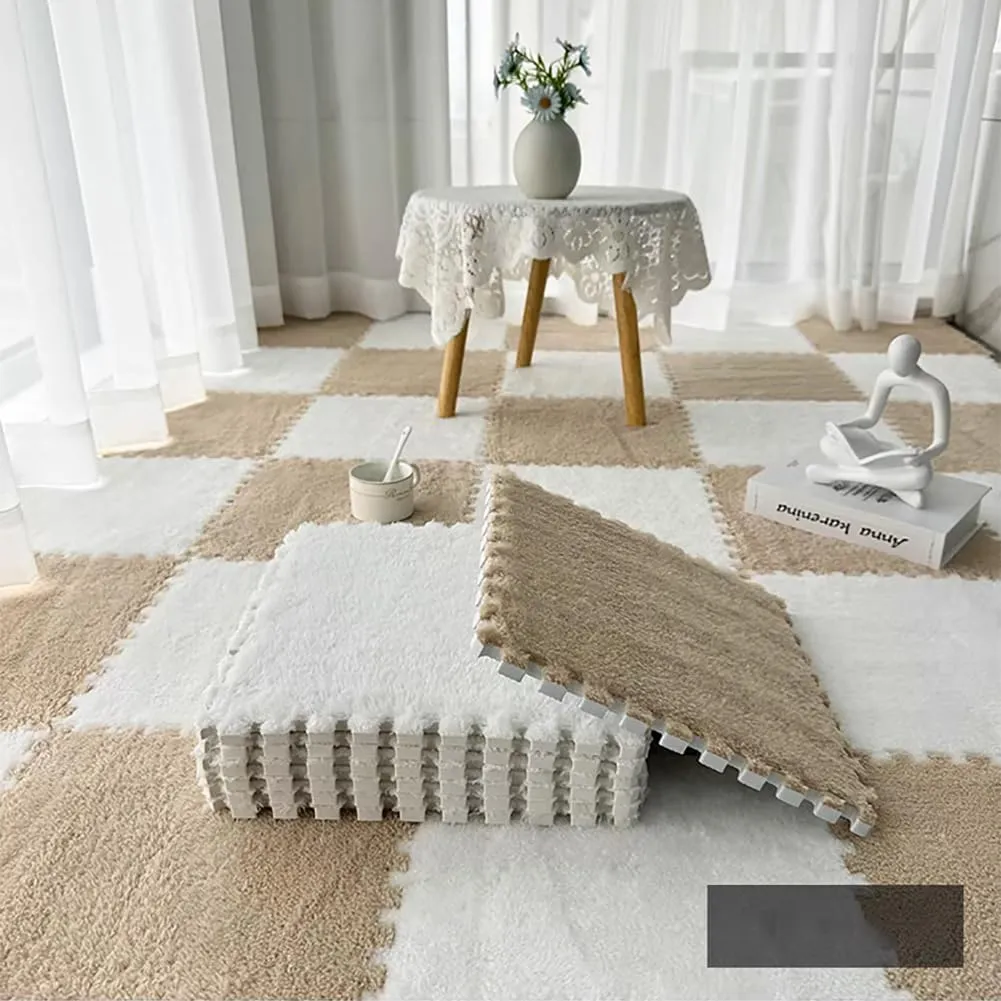 12 Pcs Plush Foam Interlocking Carpet Tiles,Soft Shaggy Fluffy Floor Area Rugs with Padding,Colorful Floor Protective Mats for Home Kids Room Playroom (Grey and Black, 11.8 x 11.8 x 0.39)