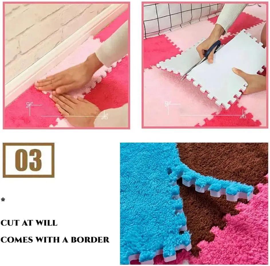 12 Pcs Plush Foam Interlocking Carpet Tiles,Soft Shaggy Fluffy Floor Area Rugs with Padding,Colorful Floor Protective Mats for Home Kids Room Playroom (Grey and Black, 11.8 x 11.8 x 0.39)