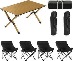 120cm Foldable Camping Table with Chair Set, Aluminum Roll-up Top Picnic Portable Lightweight Furniture Set for BBQ Garden