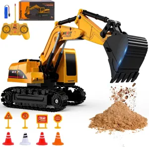 1:22 Remote Control Excavator Construction Toys for Boys, [2025 Upgraded]2.4GHz RC Excavator Toy with Plastic Shovel for Boys 6  Kids Birthday, Dual Batteries/100 Mins/Sound/Light/6-Channel