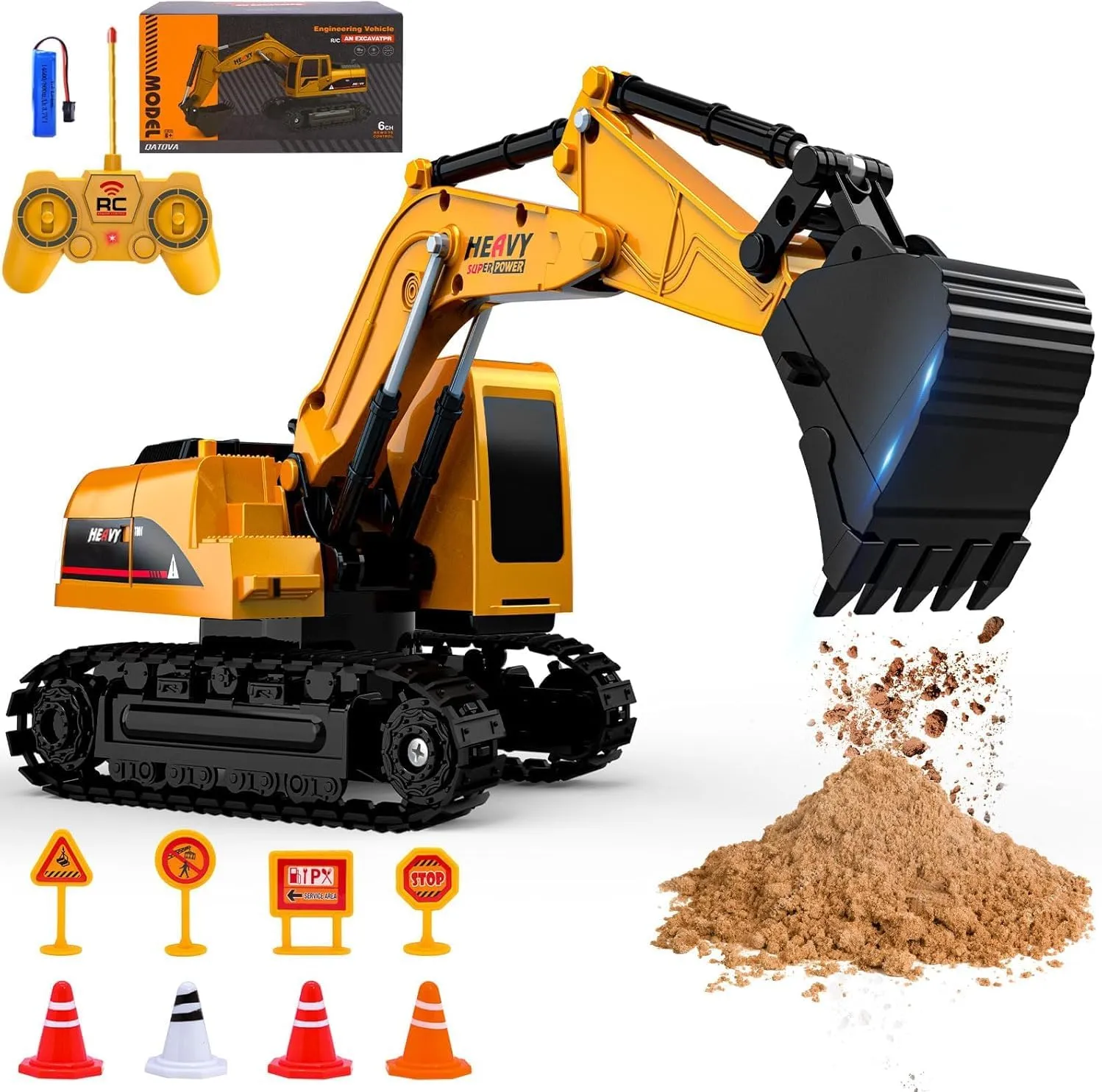 1:22 Remote Control Excavator Construction Toys for Boys, [2025 Upgraded]2.4GHz RC Excavator Toy with Plastic Shovel for Boys 6  Kids Birthday, Dual Batteries/100 Mins/Sound/Light/6-Channel