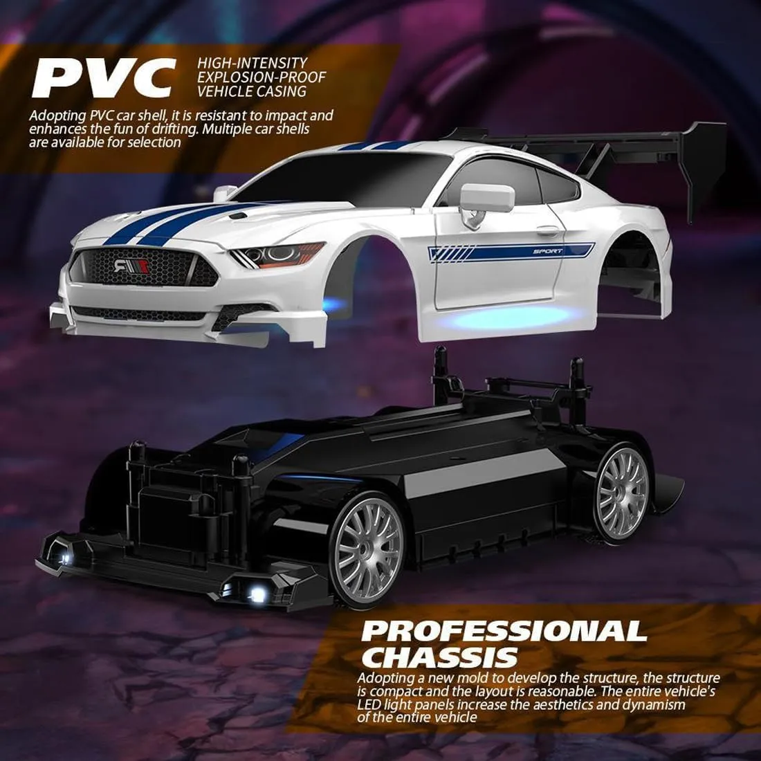 1:24 Scale RC Drift Car with Proportional Control, 2.4G 4WD High-Speed RC Sport Car with Complete Drift Package, Ideal Gift for Adults - 2 Battery