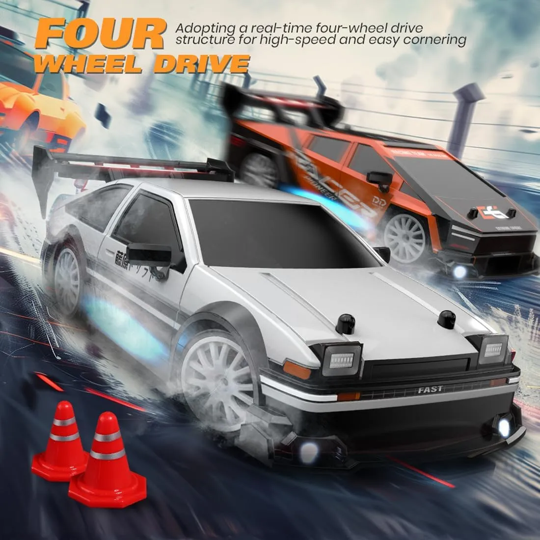 1:24 Scale RC Drift Car with Proportional Control, 2.4G 4WD High-Speed RC Sport Car with Complete Drift Package, Ideal Gift for Adults - 2 Battery