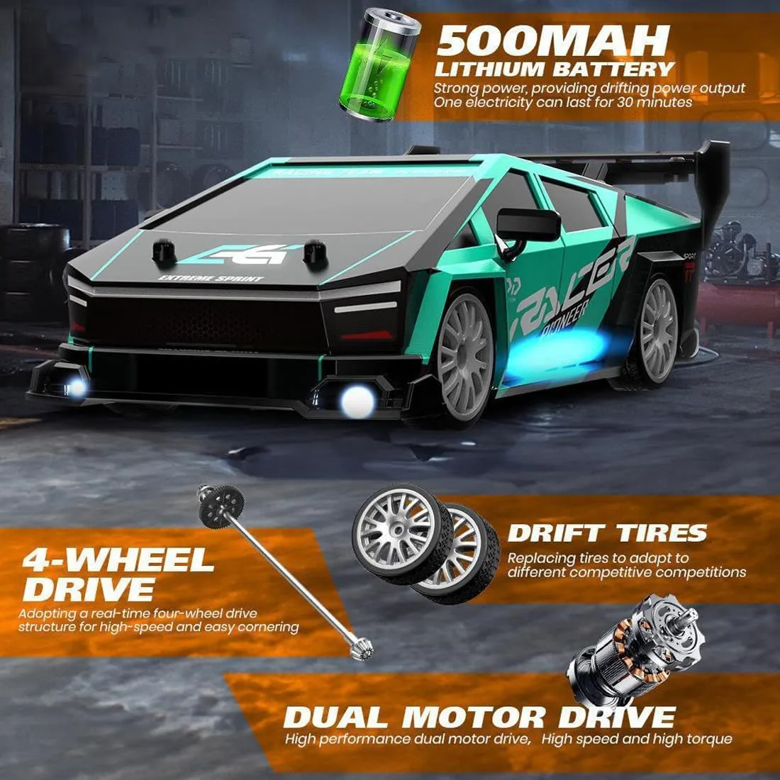 1:24 Scale RC Drift Car with Proportional Control, 2.4G 4WD High-Speed RC Sport Car with Complete Drift Package, Ideal Gift for Adults - 2 Battery