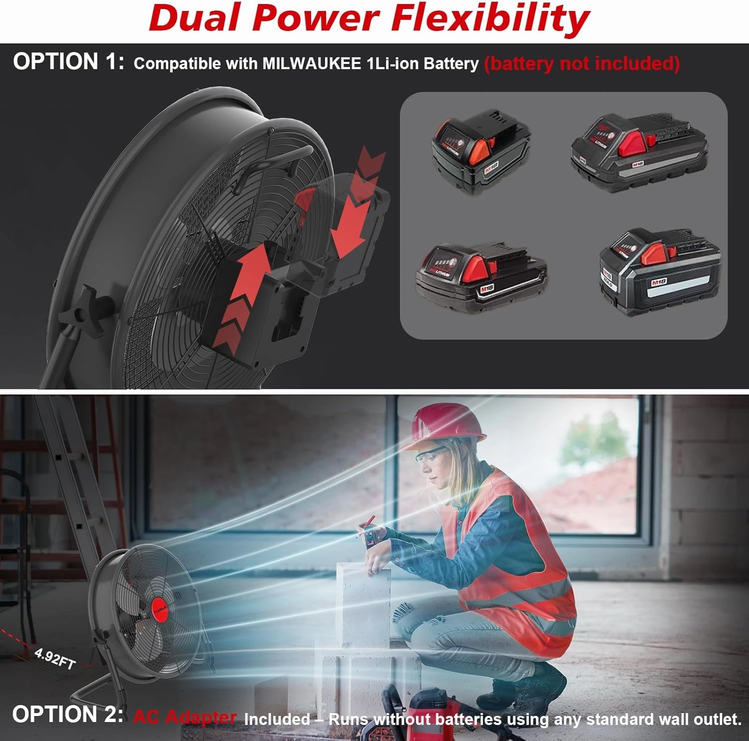 12" Battery Operated Floor Fan for Milwaukee M18 18V Battery, Portable Fan with AC Adapter and USB Output, Metal Industrial High Velocity, Stepless Speed Cordless Fan for Jobsite Garage Camping Backup