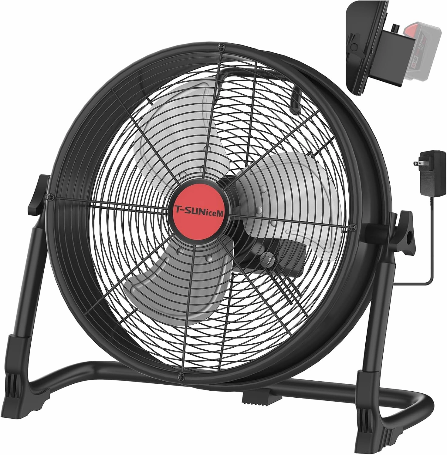 12" Battery Operated Floor Fan for Milwaukee M18 18V Battery, Portable Fan with AC Adapter and USB Output, Metal Industrial High Velocity, Stepless Speed Cordless Fan for Jobsite Garage Camping Backup