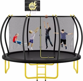 12FT Pumpkin Trampoline with Basketball Hoop, Enclosure Net and Ladder for Kids and Adults, Recreational Trampoline for Outdoor and Backyard, ASTM Approved