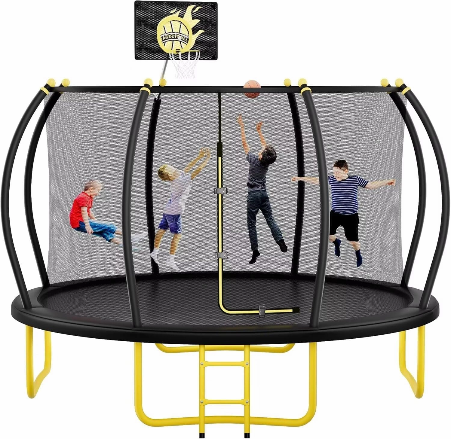 12FT Pumpkin Trampoline with Basketball Hoop, Enclosure Net and Ladder for Kids and Adults, Recreational Trampoline for Outdoor and Backyard, ASTM Approved