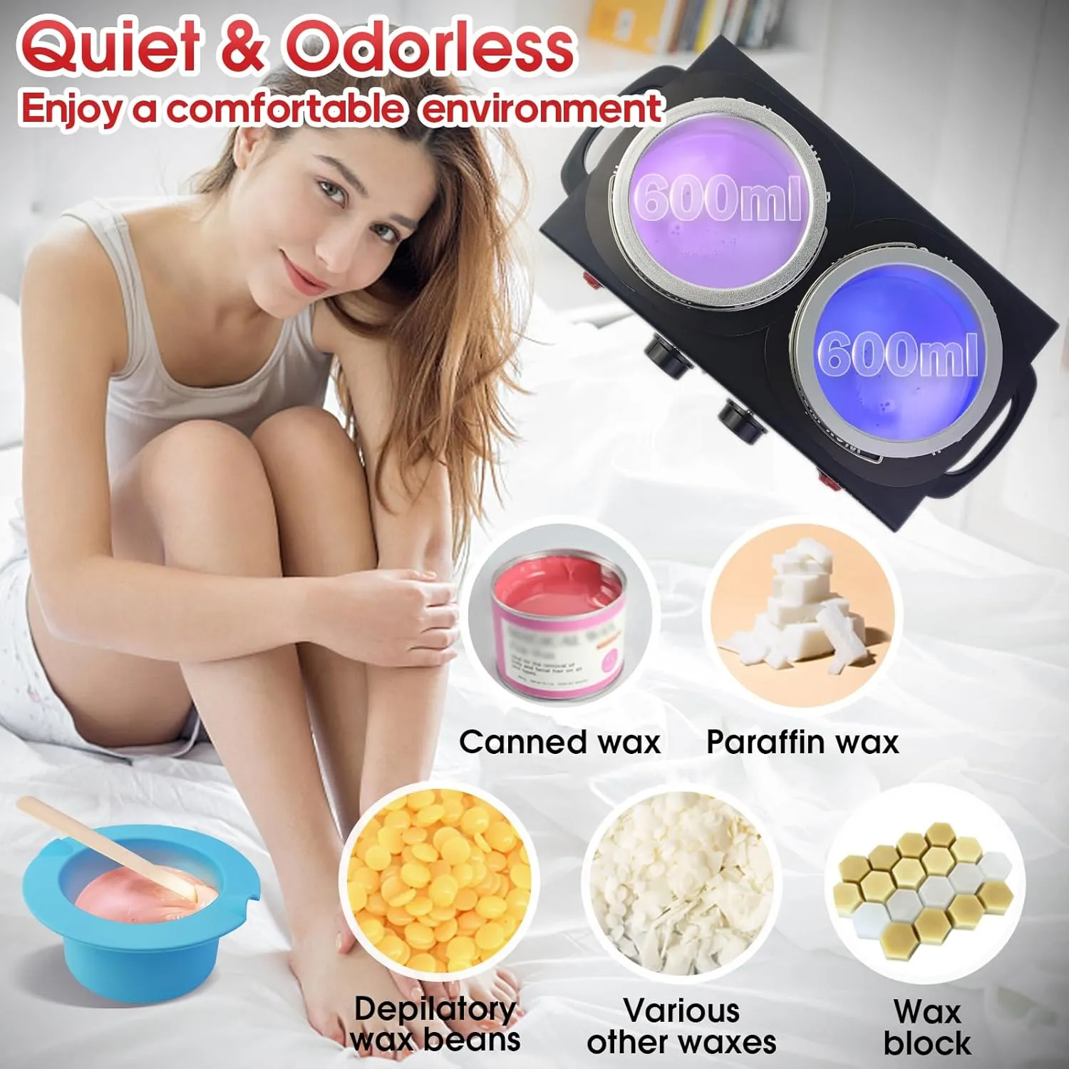1.2L Double Wax Warmer Machine Wax Pot for Hair Removal, Professional Electric Wax Heater with Adjustable Temperature Set for Women Men with 40PCS Wooden Wax Sticks and Two Silicone Bowls