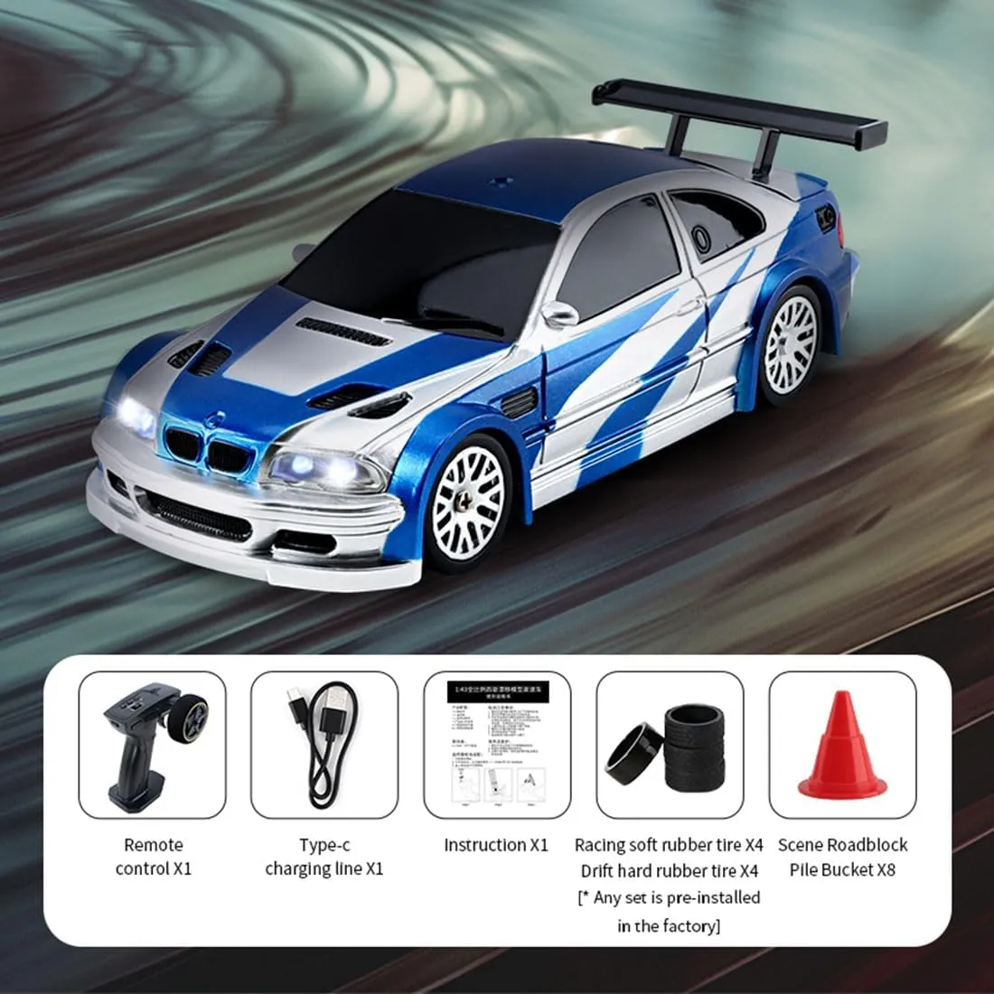 1/43 Scale Mini RC Drift Car Model - 2.4G Full Proportional RC Electric Mini Racing Drift Car, 15 KM/H High Speed Simulate LED Lights