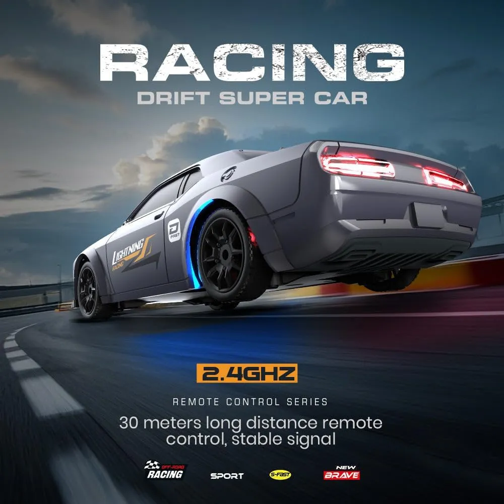 1:43 Scale RC Drift Car with LED Lights - High Speed 15KM/H 2.4GHz Remote Control Full-Proportional 4WD Mini Drift Racing Sport Car for Adults & Hobbyists - RTR/Gyro Version