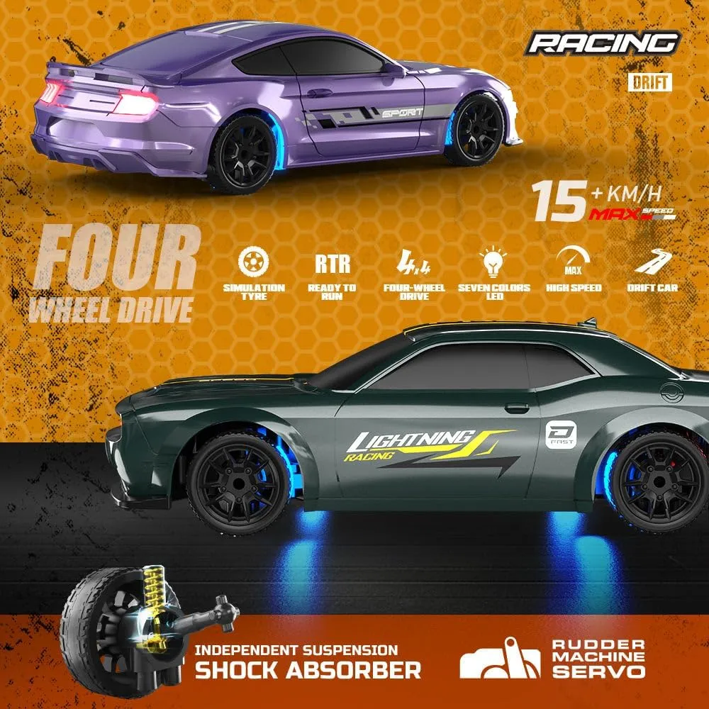 1:43 Scale RC Drift Car with LED Lights - High Speed 15KM/H 2.4GHz Remote Control Full-Proportional 4WD Mini Drift Racing Sport Car for Adults & Hobbyists - RTR/Gyro Version