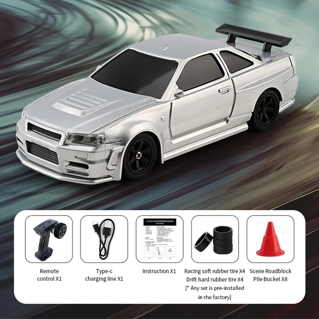 1/43 Scale RC Drift Car with Lights Kit, 2.4G Full-Proportion RC Electric Mini Racing Drift Car Model, Remote Control Car for Adults and Teens - Gyroscope Version (Silver)
