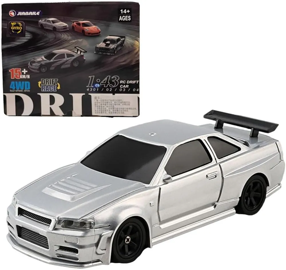 1/43 Scale RC Drift Car with Lights Kit, 2.4G Full-Proportion RC Electric Mini Racing Drift Car Model, Remote Control Car for Adults and Teens - Gyroscope Version (Silver)