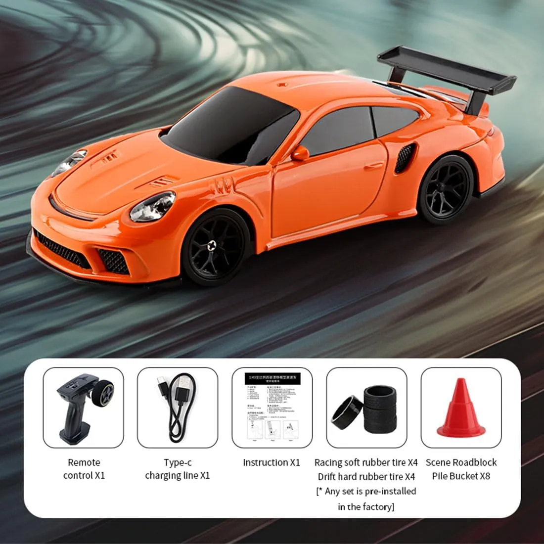 1/43 Scale RC Electric Mini Racing Drift Car Model, 2.4G Full Proportional with Lights Kit, Mini Sport Car Toy High Speed, Gifts for RC Toy Lovers (RTR Version/Orange)
